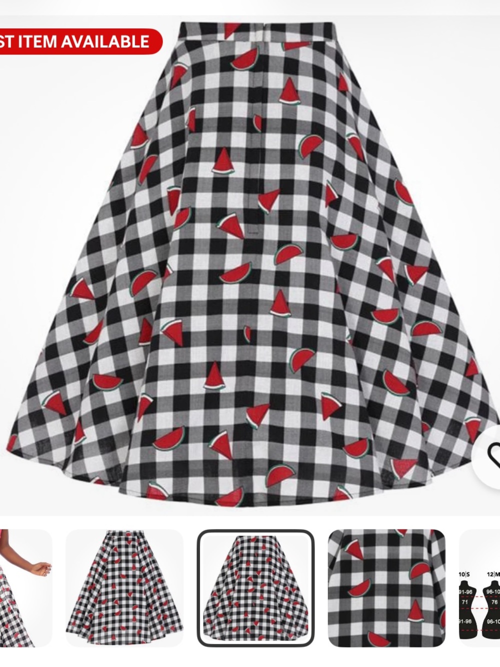 Collectif watermelon print gingham retro skirt - Picture 5 of 9